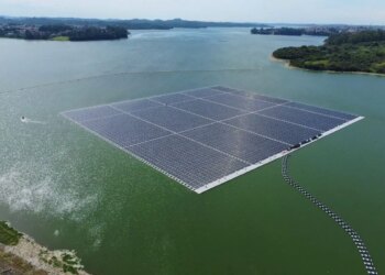 An aerial photo taken at the site of the largest floating PV plant project in Brazil