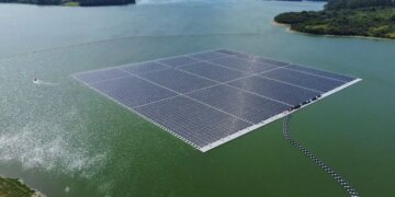 An aerial photo taken at the site of the largest floating PV plant project in Brazil