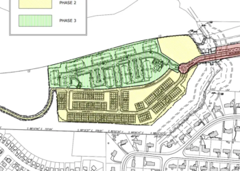 Site plans reveal 240 multifamily units in eight 3-story buildings with 412 surface parking spaces. 142 townhomes offer two layout options.