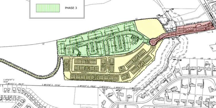 Site plans reveal 240 multifamily units in eight 3-story buildings with 412 surface parking spaces. 142 townhomes offer two layout options.